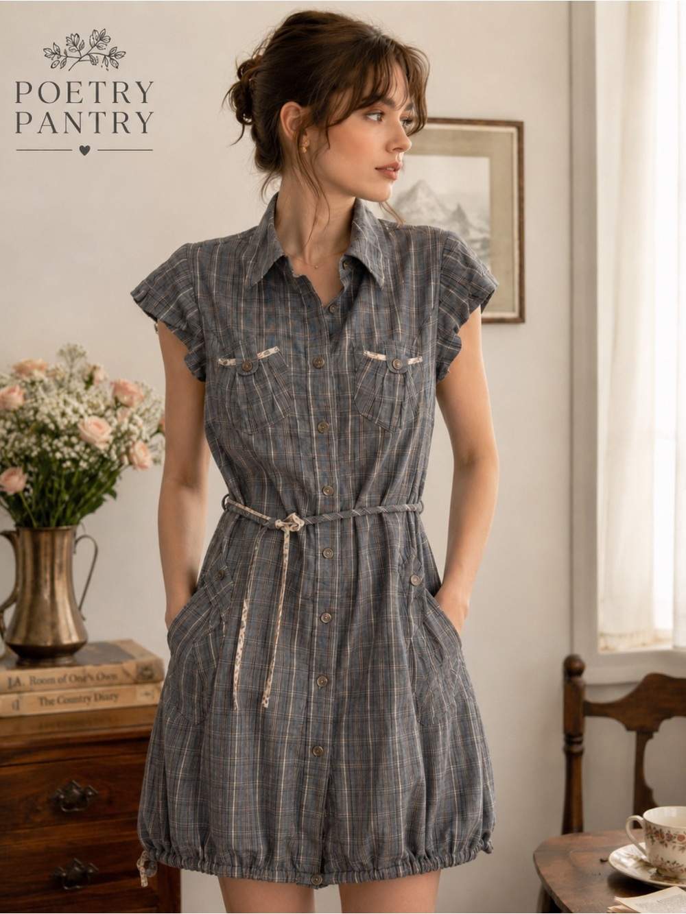 86. Gray Plaid Belted Mini Dress
